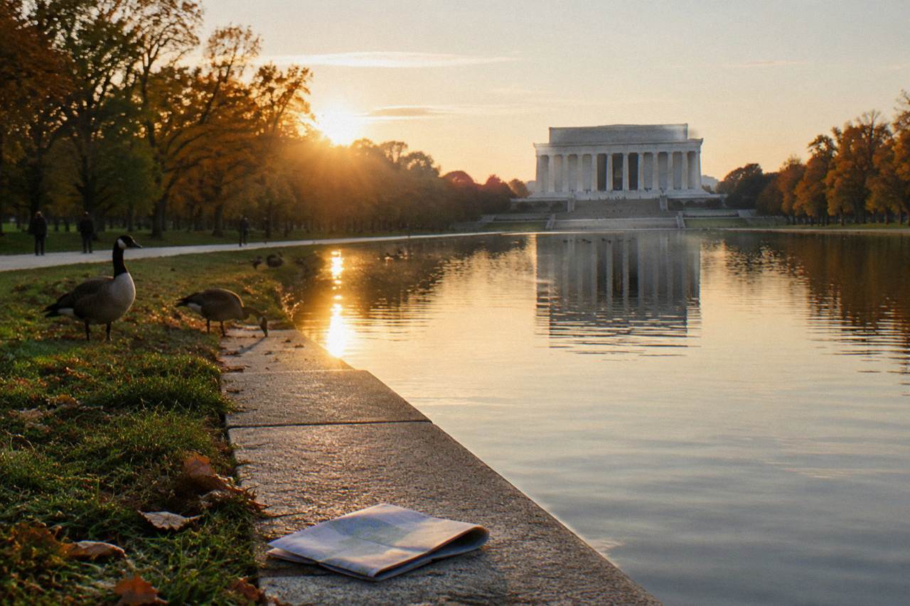Lincoln Memorial seen across the Reflecting Pool at golden hour