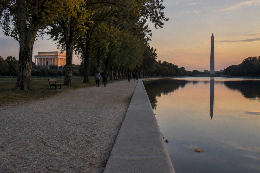 Lincoln Memorial Reflecting Pool and Washington Monument at dusk