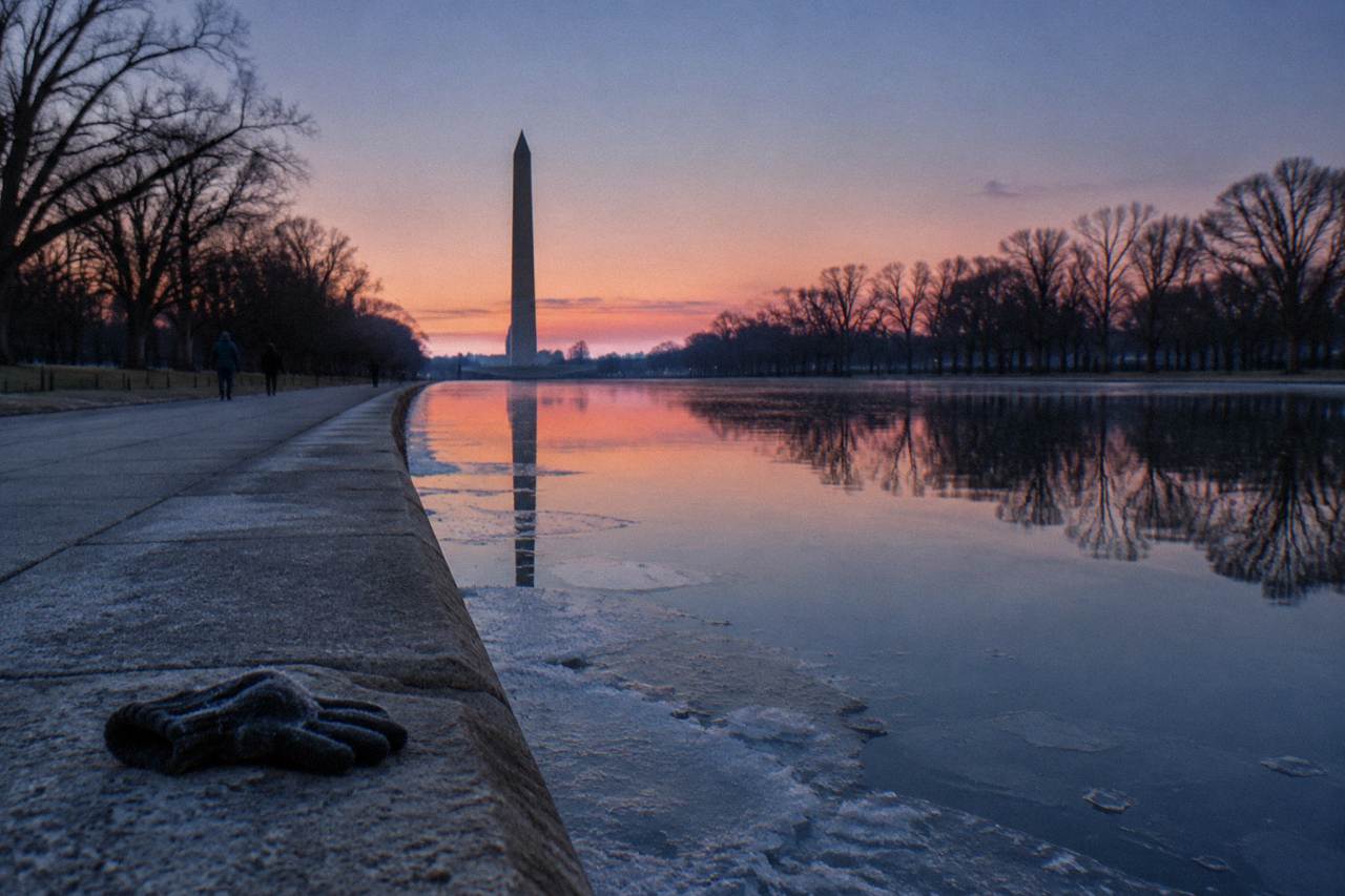 Washington Monument seen across the Reflecting Pool at dawn with bare trees framing the view