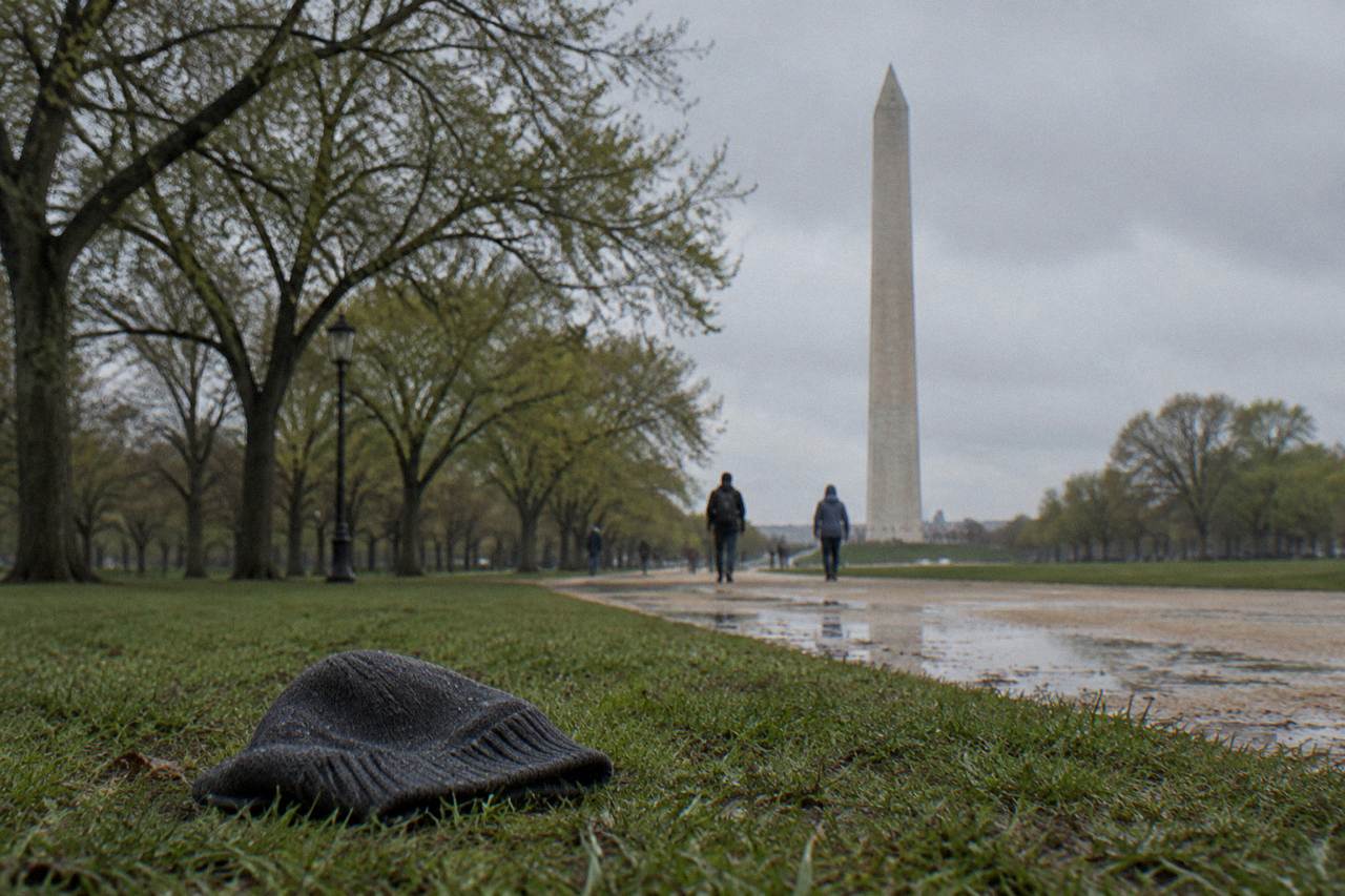The National Mall in Washington DC with the Washington Monument rising above the tree line
