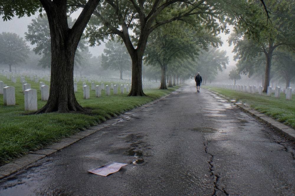 A paved pathway lined with trees leading through rows of pale headstones at Arlington National Cemetery