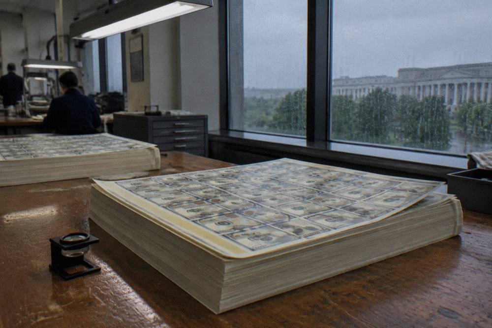 Stacks of freshly printed currency sheets on an inspection table