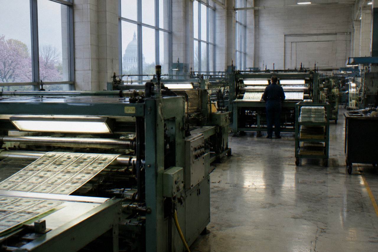 Printing presses producing sheets of currency inside a large industrial hall