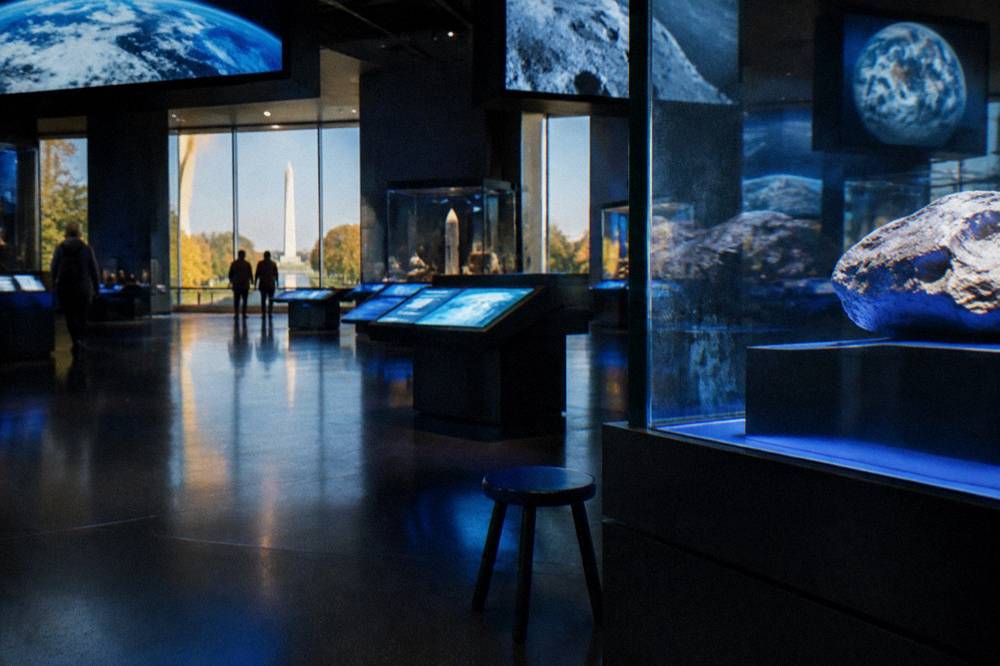 Interior of a museum gallery with interactive display cases and overhead digital screens