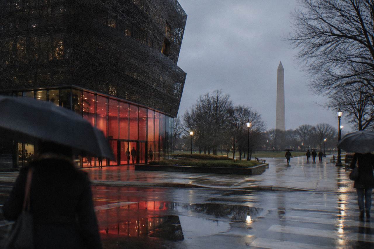 A modern museum facade with a red sign and glass entrance on a Washington DC street