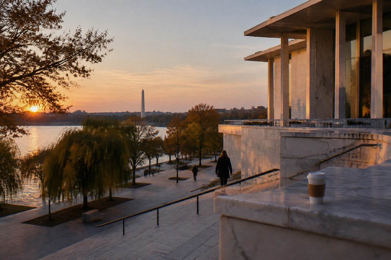 The terraced facade of the Kennedy Center beside the Potomac River at dusk