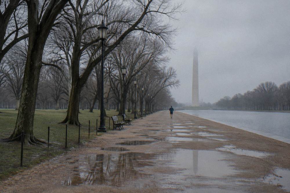View down the National Mall walkway with the Washington Monument in the distance