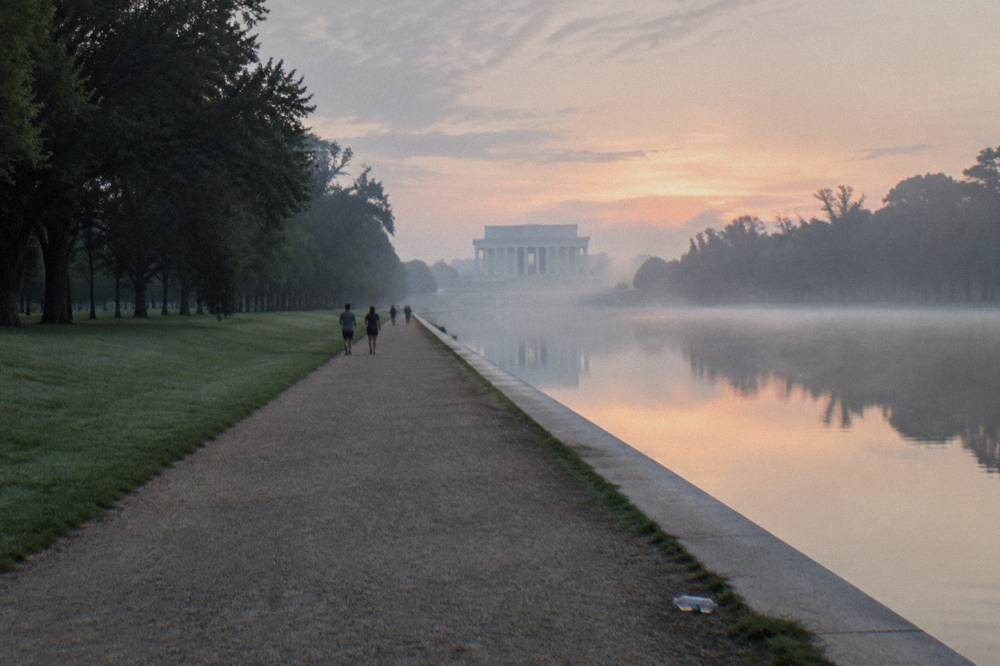 The National Mall monument corridor with the Lincoln Memorial in the distance