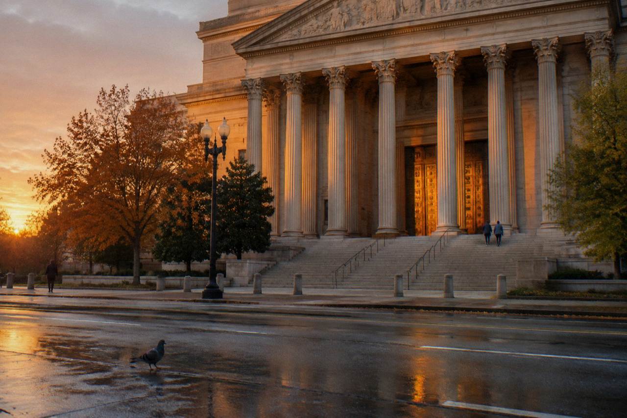 The National Archives building facade on Constitution Avenue with its stone columns