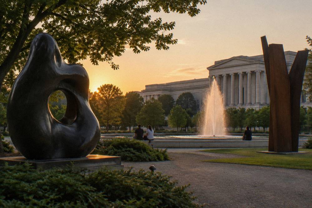 Sculpture garden with large abstract artworks set among trees beside a fountain