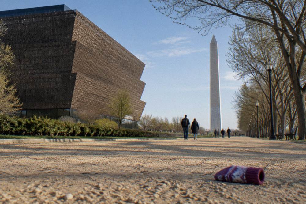 The National Mall promenade with the museum building and the Washington Monument in the distance under a wide sky