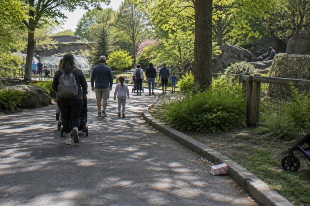Visitors walking a paved path through green parkland inside the National Zoo
