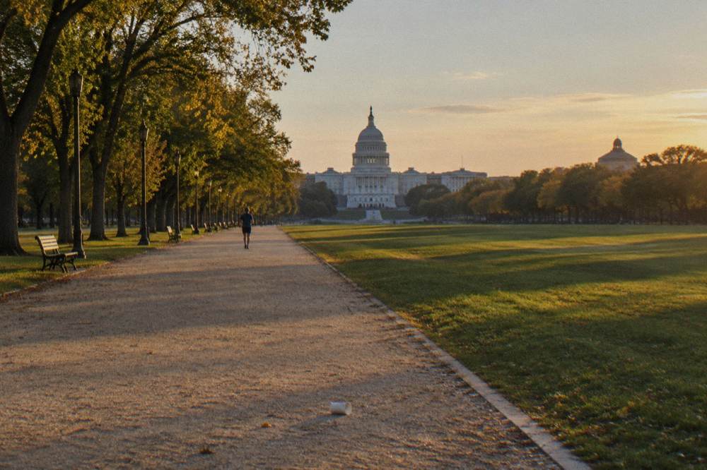The National Mall promenade with the Capitol building in the distance on a clear day