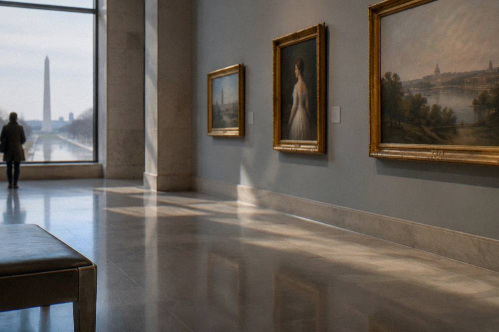 Sunlight falling across polished stone floors and framed artworks inside a quiet museum gallery