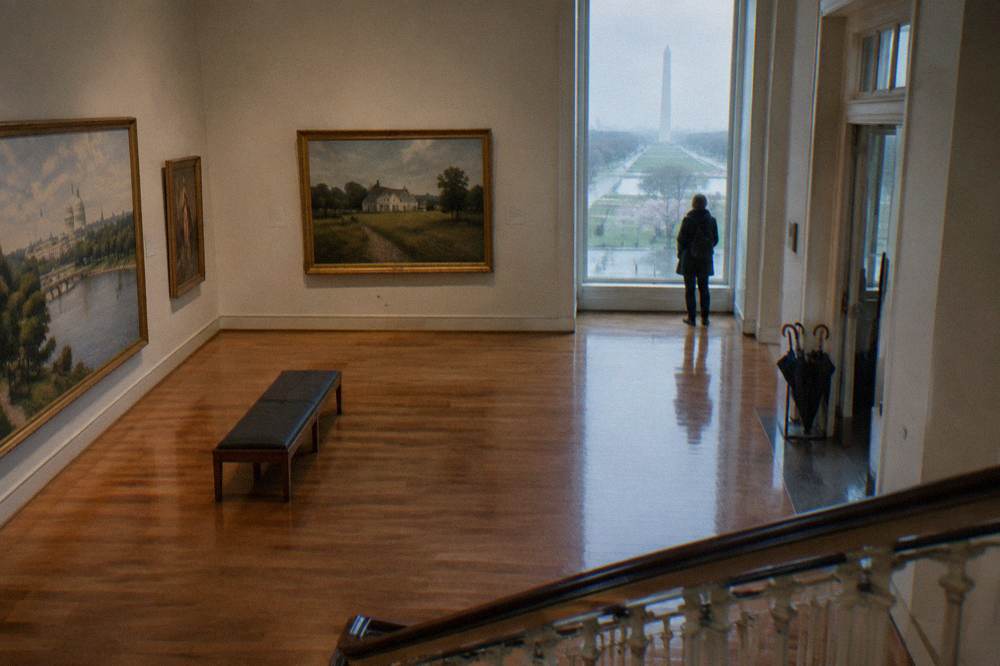 A bright museum gallery with framed American artworks and polished wood floors