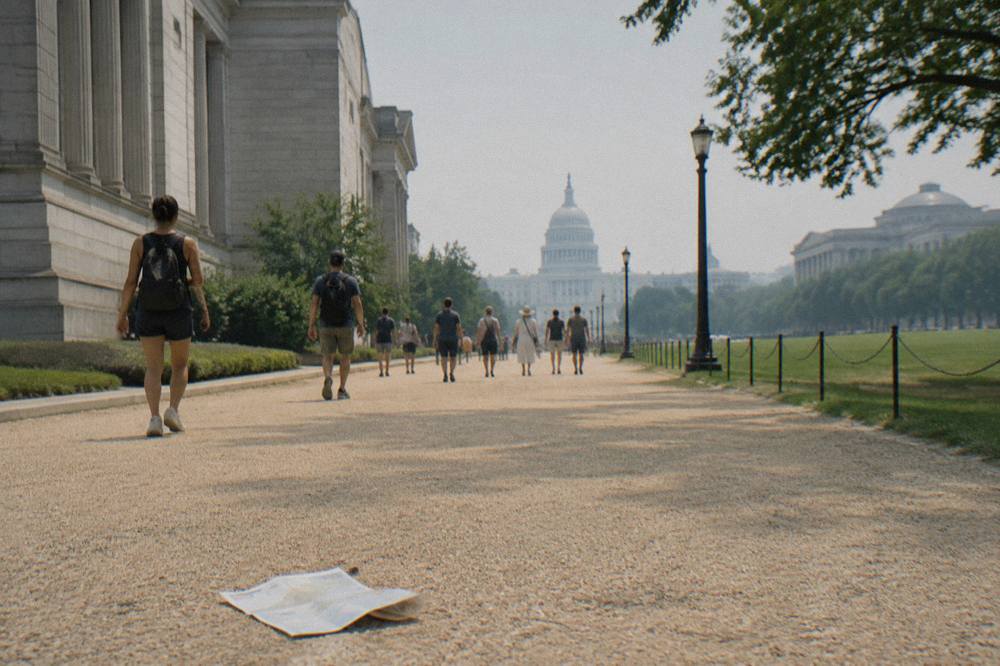 Museum row along the National Mall with visitors walking between stone buildings