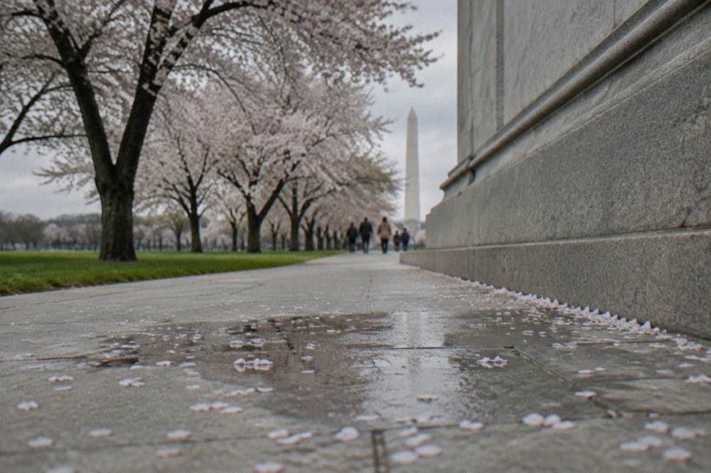 Museum buildings and cherry trees along the National Mall corridor at midday