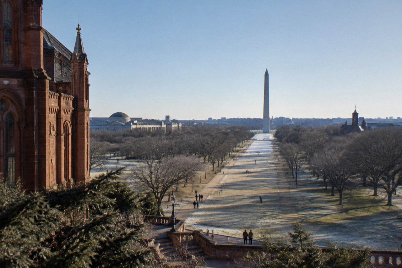 Wide view of the National Mall with Smithsonian museum buildings along the grass