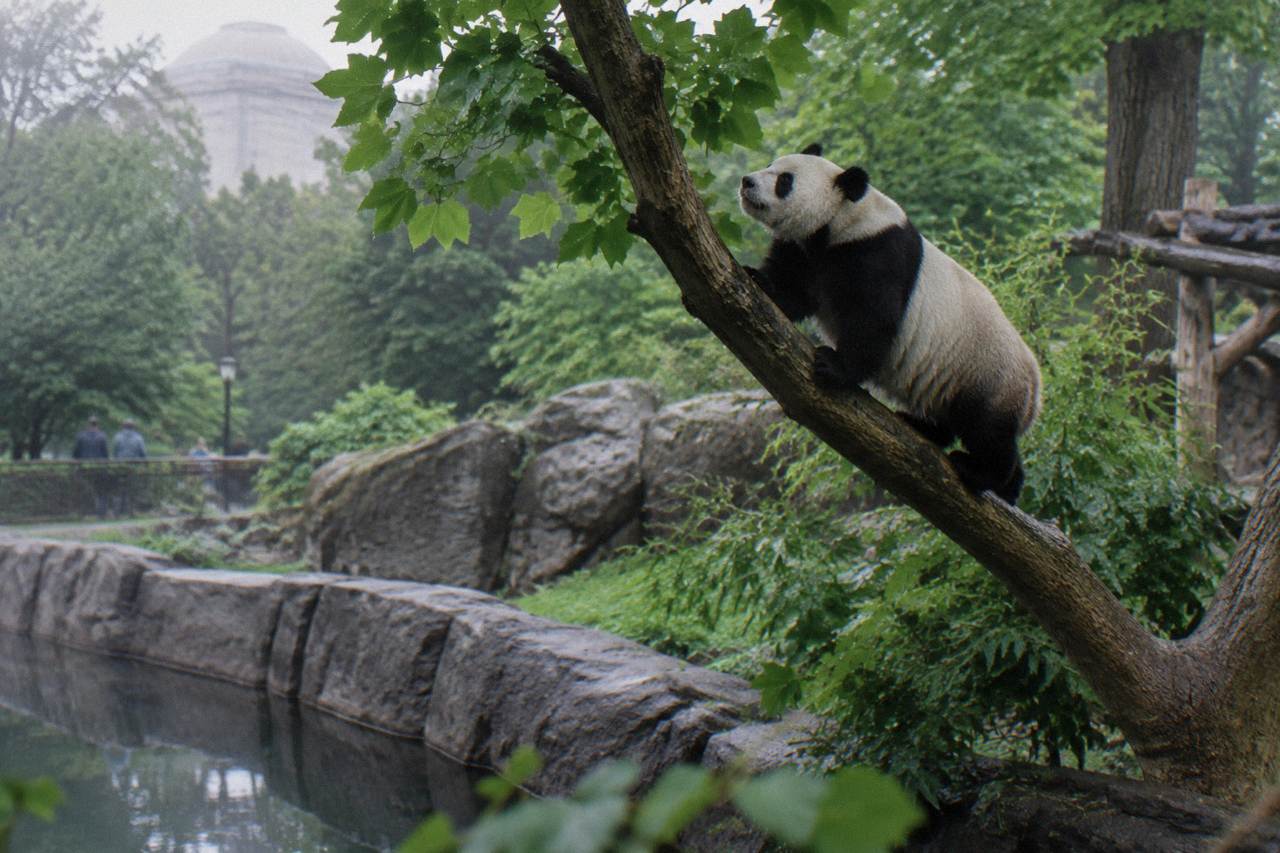 A giant panda climbing a tree branch inside a lush zoo enclosure