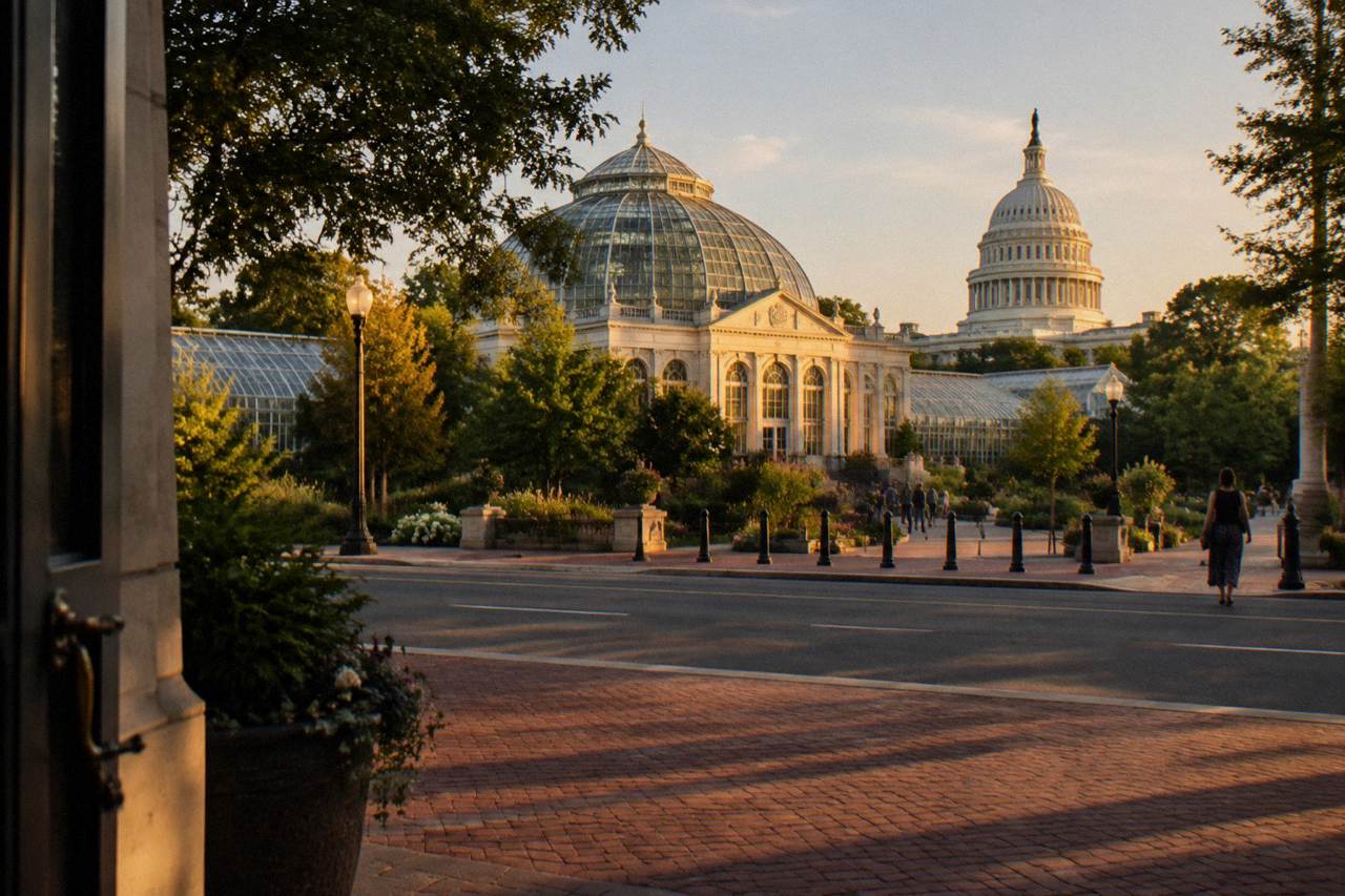 Conservatory greenhouse at the United States Botanic Garden with the Capitol building behind it