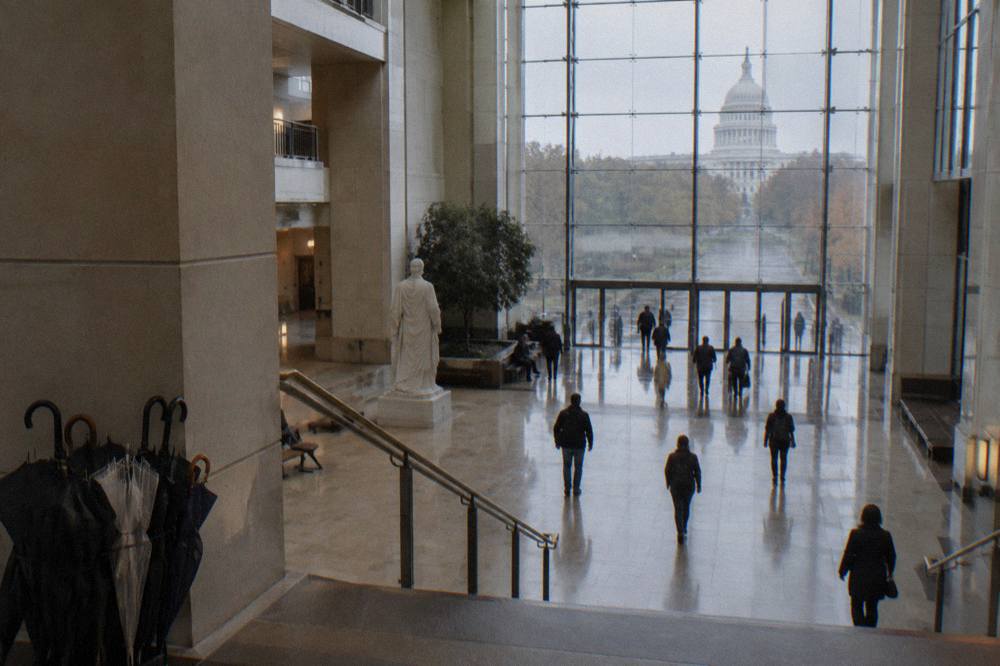 Capitol Visitor Center entrance hall with visitors gathered before a tour