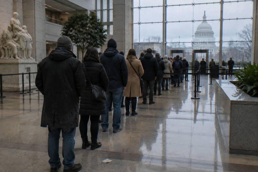 Visitors waiting in line at a Capitol tour security checkpoint