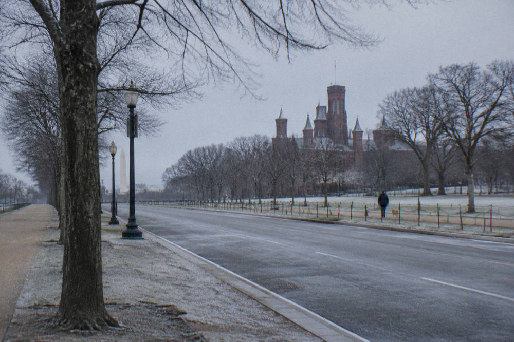 Empty metered parking spaces along a quiet street with museum buildings visible in the distance