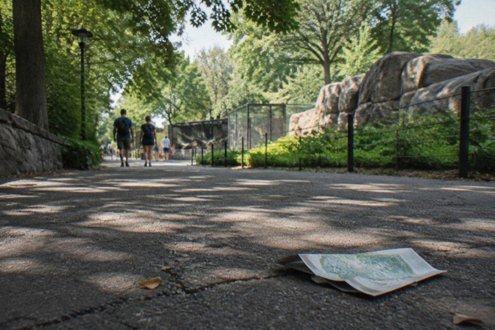 Zoo entrance path with trees and a paved walkway leading toward animal habitats