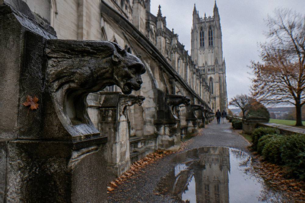 Cathedral exterior with flying buttresses and carved stone details
