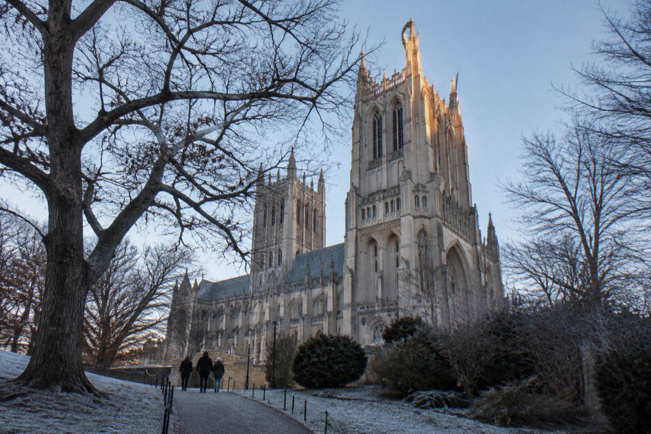 Gothic cathedral towers rising above trees in Washington DC