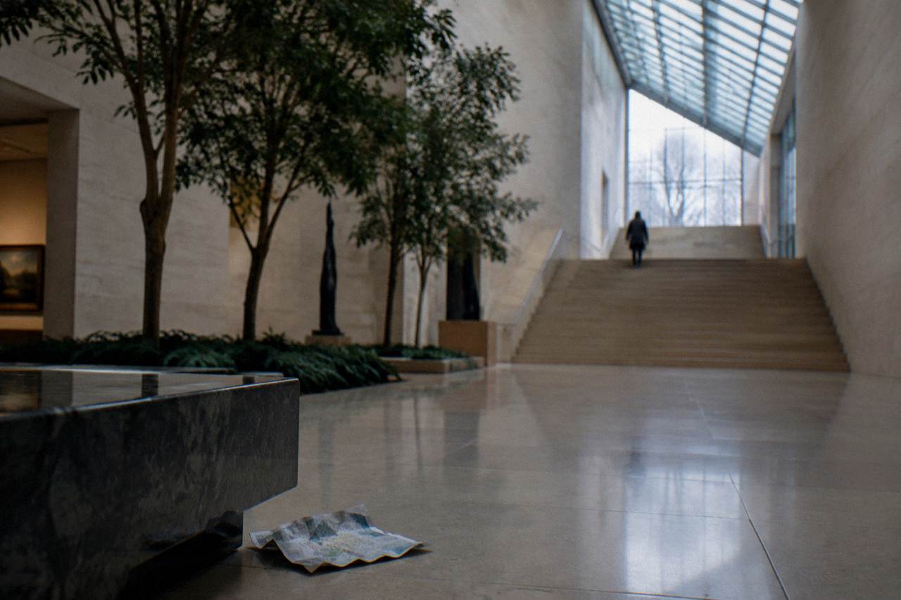 Quiet gallery hall with contemporary art installations in a Washington DC museum