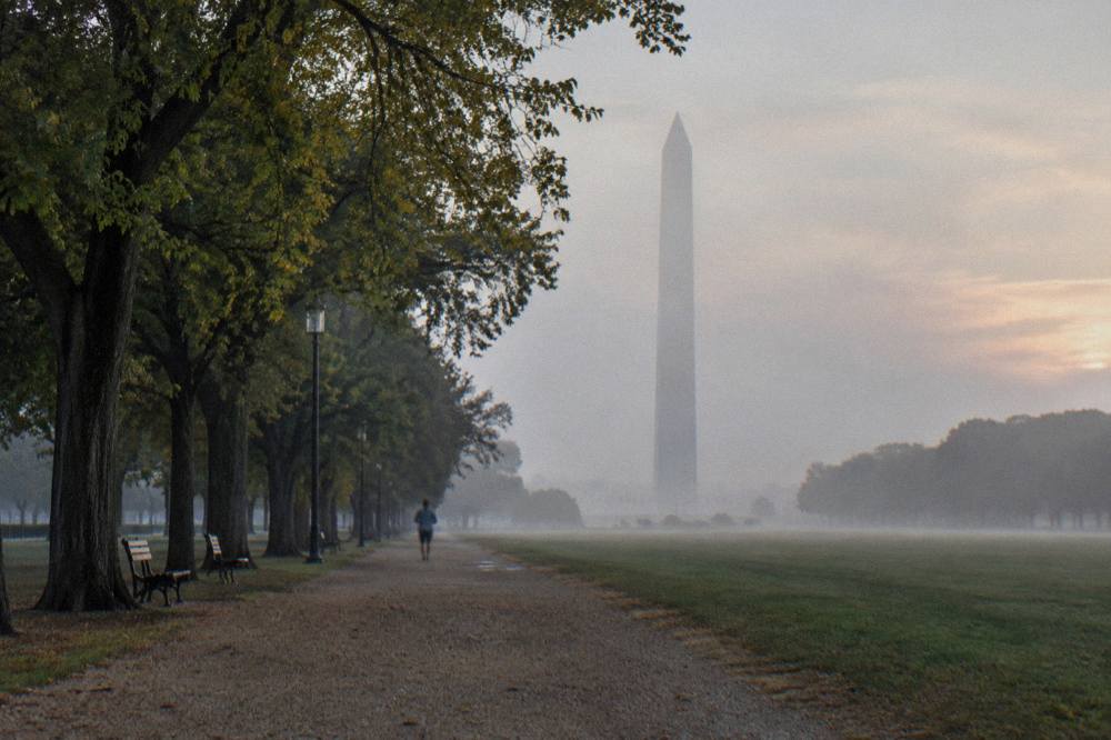 Looking east along the National Mall toward the Washington Monument with trees on both sides