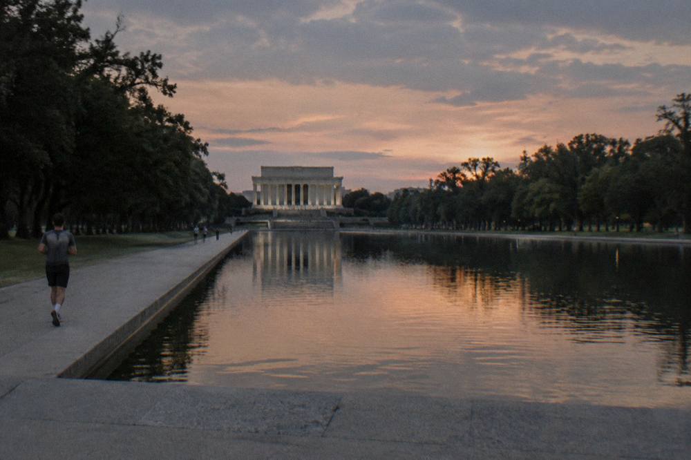 Lincoln Memorial columns reflected in the reflecting pool at dusk