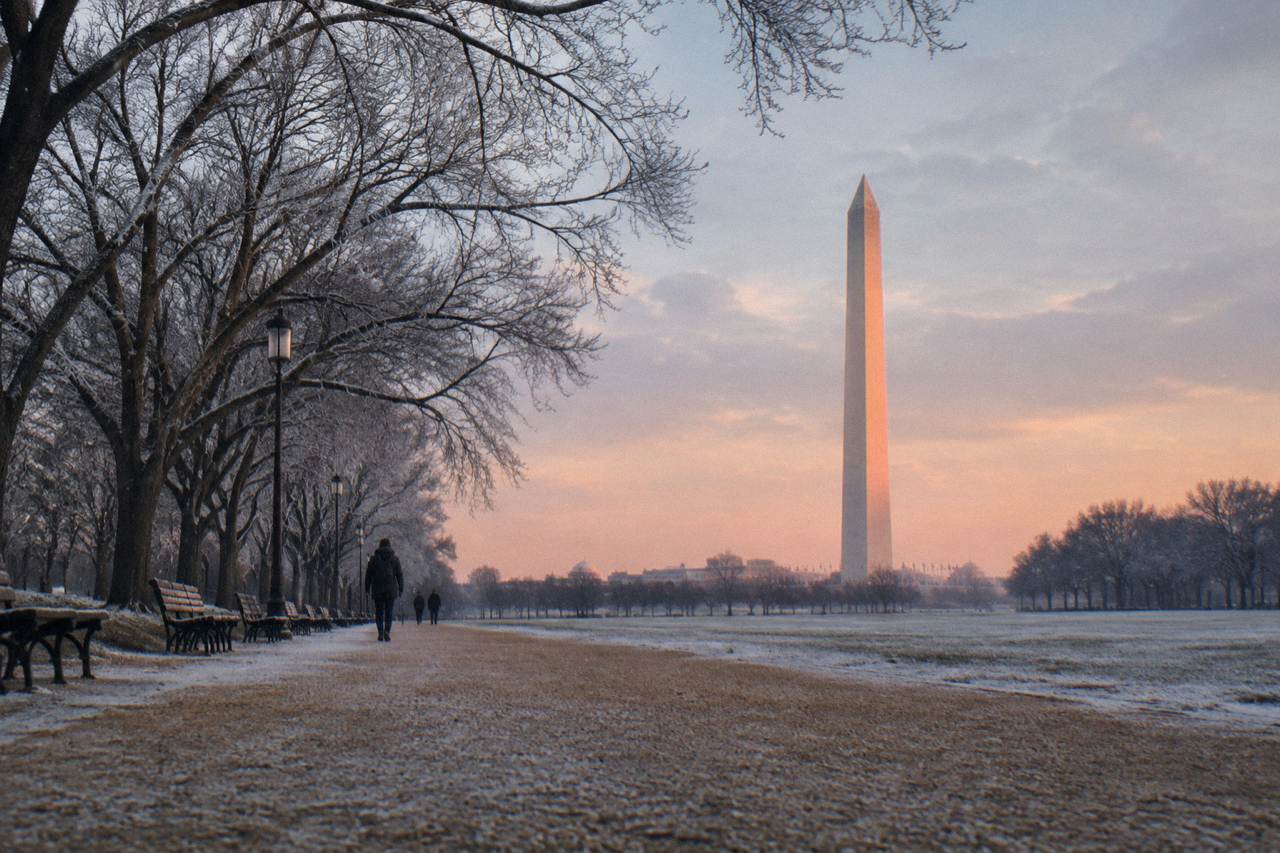 View across the National Mall toward the Washington Monument at sunrise