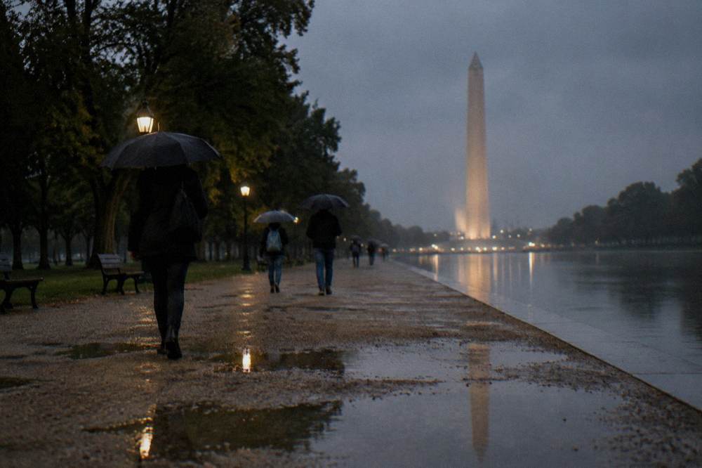 National Mall path leading toward the Washington Monument at dusk