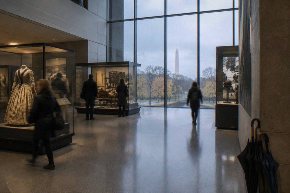 Museum gallery hall with exhibits and visitors walking through open exhibition space