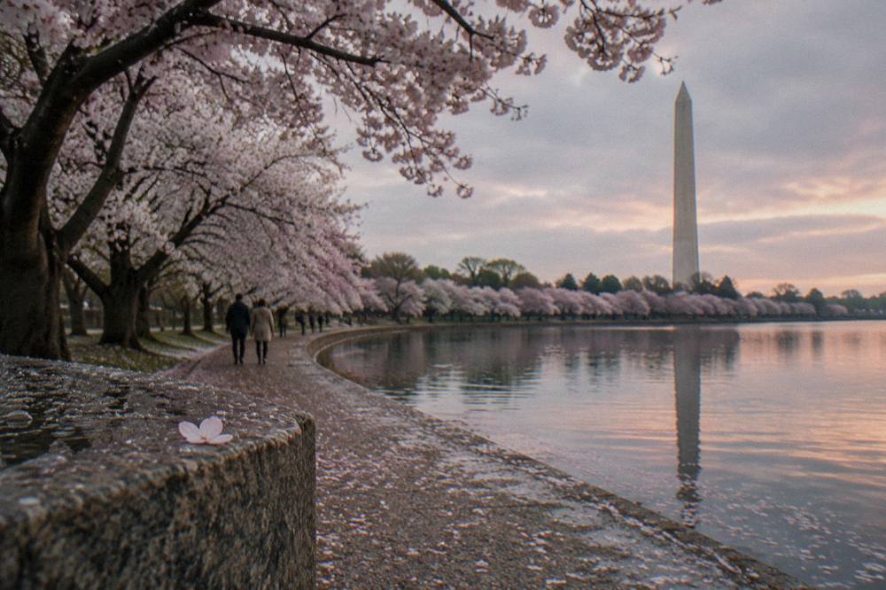 The Washington Monument rising above the National Mall with cherry trees in the foreground