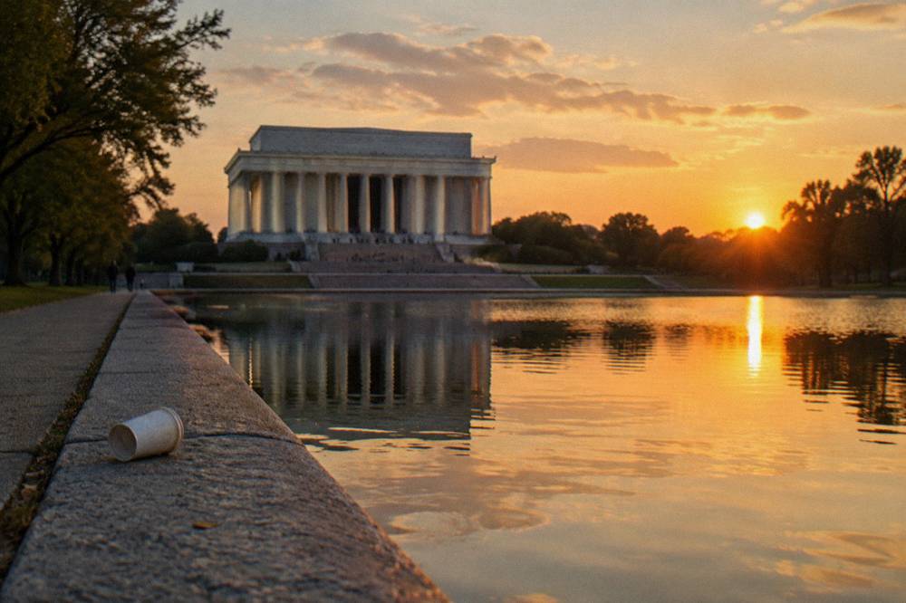 The Lincoln Memorial columns and steps seen from the Reflecting Pool at sunset