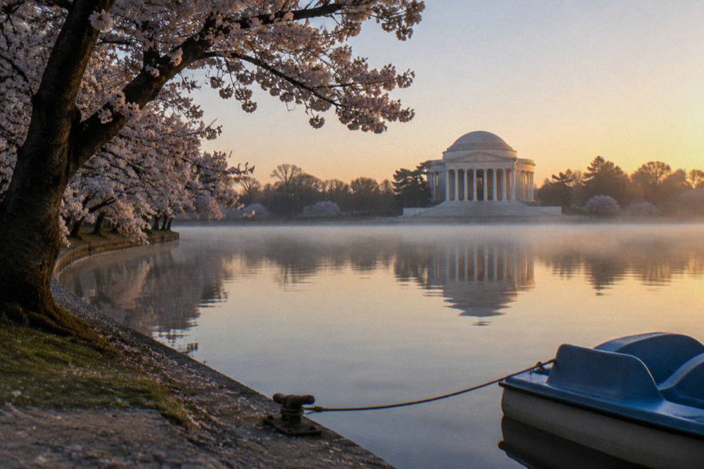 The Thomas Jefferson Memorial reflected in the Tidal Basin at sunrise
