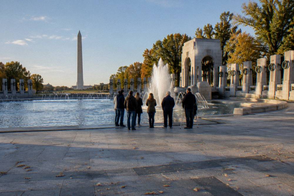 A walking tour group gathered at a National Mall memorial plaza on a clear afternoon