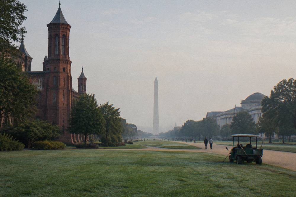 Wide view of the National Mall with museum buildings lining the grass and the Washington Monument in the distance