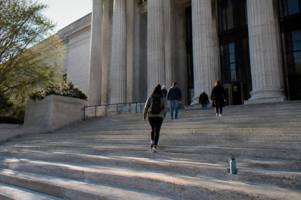 Museum visitors walking up wide exterior steps toward columned entrance doors