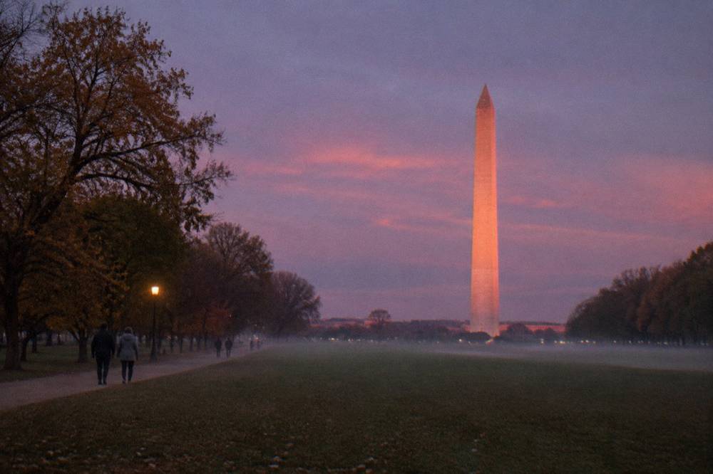 A wide evening view of the Washington Monument glowing against a dark sky above the Mall