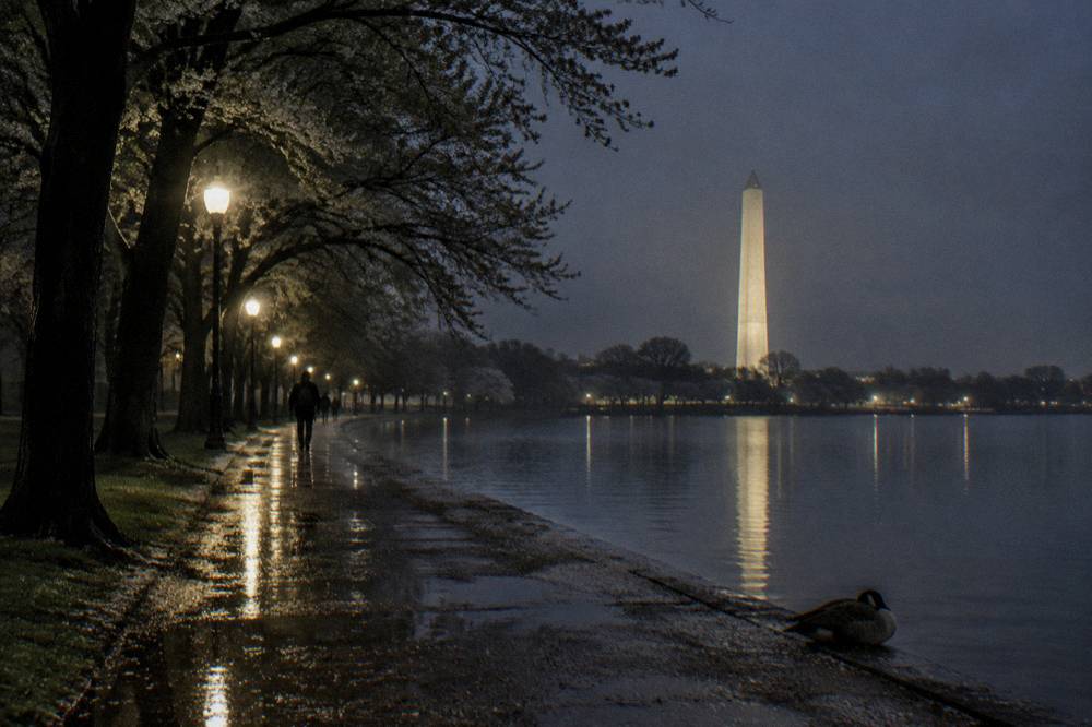A quiet illuminated path along the National Mall at night with lit lamps lining the walkway