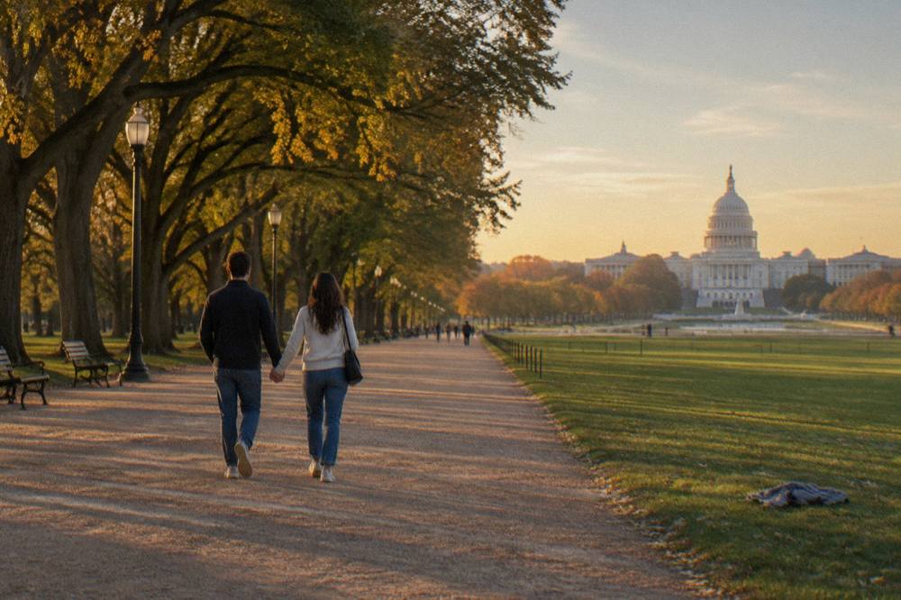 Two people walking hand in hand along the National Mall at golden hour