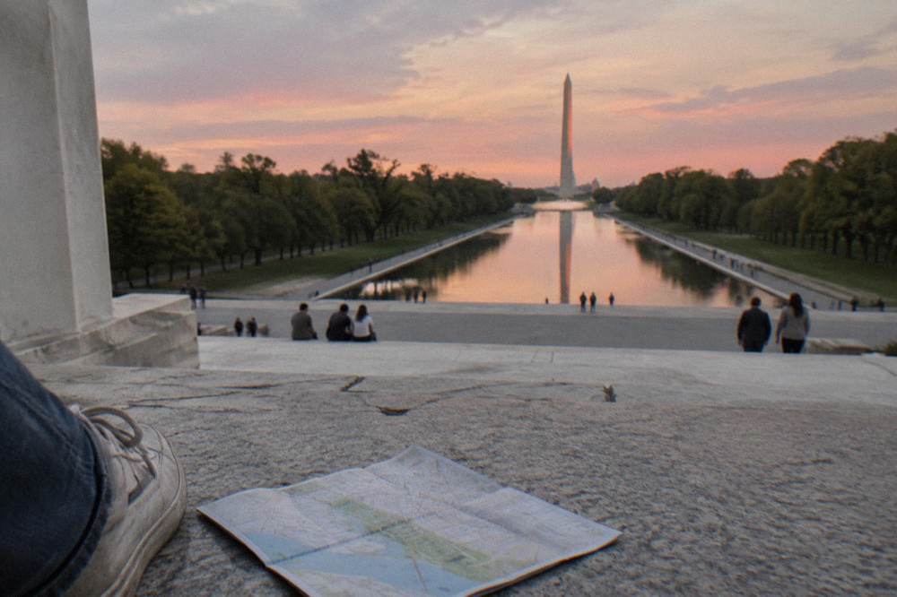 Reflecting Pool and Washington Monument seen from the Lincoln Memorial steps at sunset