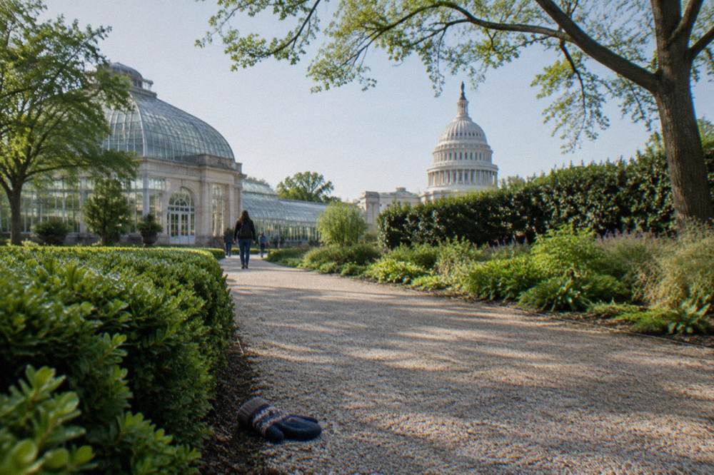 Tree-lined path and conservatory building at the U.S. Botanic Garden near the Capitol