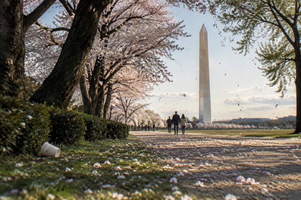 The Washington Monument rising above cherry trees in bloom on the National Mall