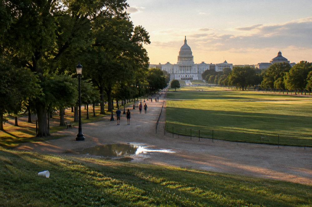 Wide view of the National Mall lawn stretching toward the Capitol with paths and trees