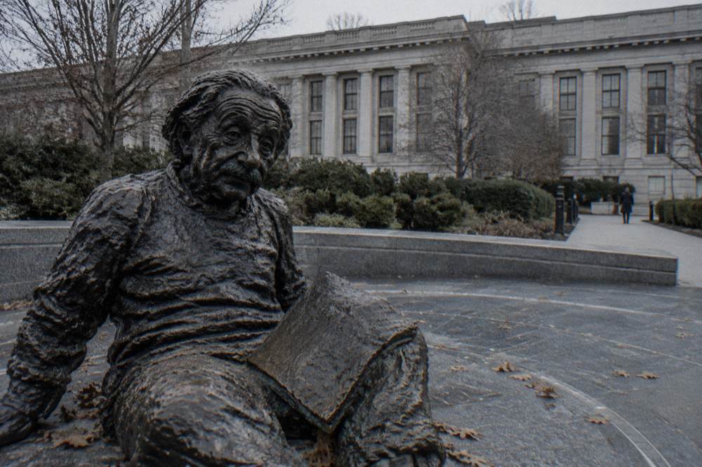 The Albert Einstein Memorial statue in front of the National Academy of Sciences building